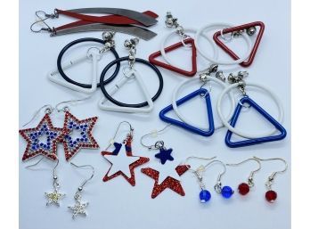 Patriotic Collection! 9 Pairs Of Red White And Blue Earrings