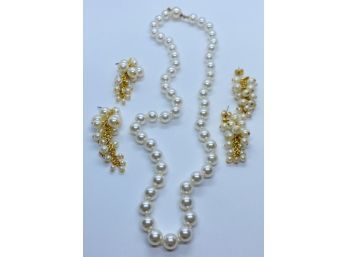 Beautiful Faux Pearl Necklace With Two Pairs Of Matching Gold Toned Earrings