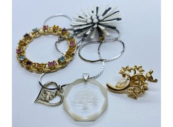 Tree Pendant On Necklace, Plus Various Pins