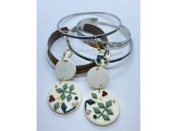 Collection Of Bangle Bracelets And Pair Of Hand Crafted Earrings