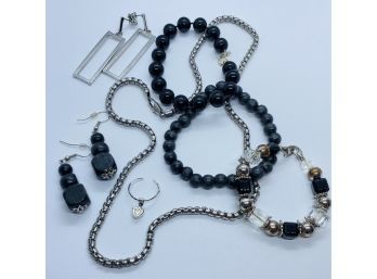 Black And Silver Tone Necklace, Bracelets, And Earrings