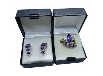 Purple Amethyst Earrings And Two Rings