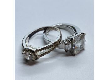 (2) Unauthenticated Silver Tone Rings With Clear Rhinestones