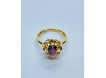 Stunning Gold Color Ring With Dark Red Rhinestone, Size 6.5. Has Matching Bracelet And Pin