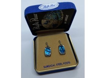 Pacific Paua Brand Blue Marble Earrings And Necklace With Surgical Steel Posts