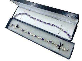 Two Beautiful Purple And Silver Tennis Bracelets