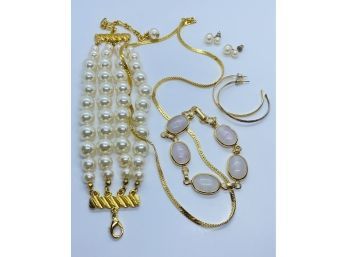 Gold Tone And White Color Jewelry, Includes Stunning Multilayer Beaded Bracelet