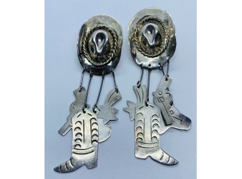 Silver Cowboy Theme Earrings Marked 925. Total Weight 24.88 Grams