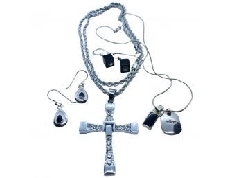 Silver Tone Necklace With Large Cross Pendant, Plus Other Jewelry Collectibles!