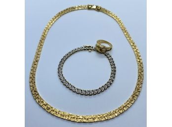 Gold Color Jewelry Collection, Including Necklace, Bracelet, And Size 5 Ring
