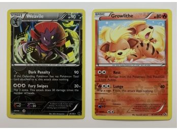 (2) Pokemon Reverse Holo: 2012 Stage 1 Weavile 90 HP And 2013 Basic Growlithe 80 HP