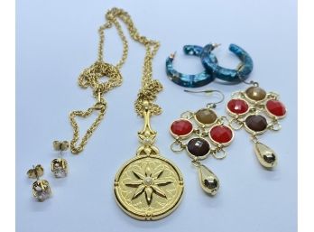 Gold Tone Necklace With Large Pendant And (3) Pairs Of Earrings