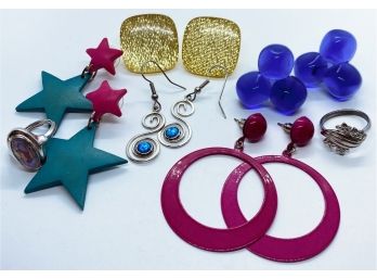 Colorful And Unique Statement Earrings! Also Includes Two Rings