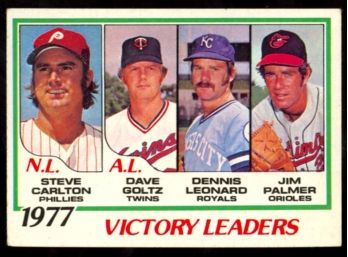 1978 Topps Baseball 1977 Victory Leaders Steve Carlton, Dave Goltz, Dennis Leonard, Jim Palmer #205 Vintage