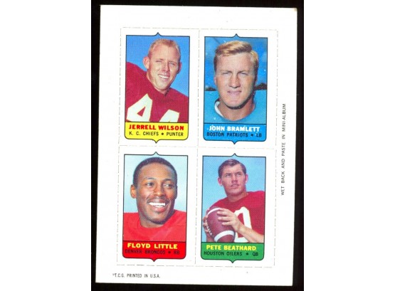 1969 Topps 4 In 1 Mini Football Cards Jerrell Wilson, John Bramlett, Floyd Little, Pete Beathard Vintage