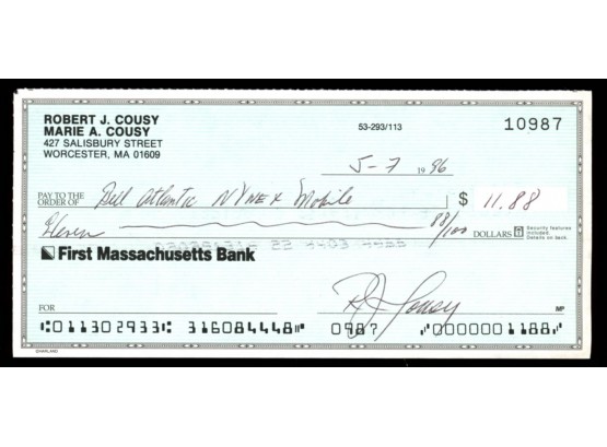 BOB COUSY AUTOGRAPH ~ SIGNED PERSONAL CHECK FOR PHONE BILL ~ EPIC!