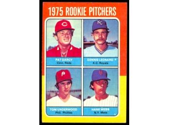 1975 Topps Baseball Rookie Pitchers Pat Darcy, Dennis Leonard, Tim Underwood, Hank Webb #615