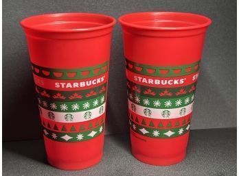 PAIR OF Starbucks Christmas Holiday Merry Coffee Reusable Hot Cup 2013 Red 16 Oz