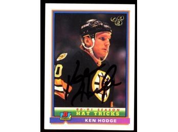 1991 Bowman Hockey Ken Hodge Hat Trick On Card Autograph #347 Boston Bruins