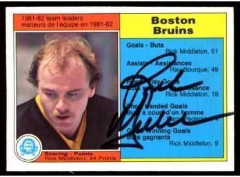 1982 O-pee-chee Hockey Boston Bruins Scoring Leaders Rick Middleton On Card Autograph #6 Boston Bruins Vintage