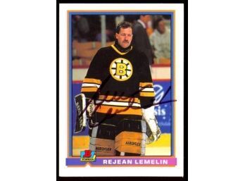 1991 Bowman Hockey Rejoin Lemelin On Card Autograph #354 Boston Bruins