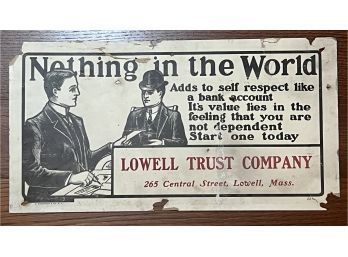 1904 Trolly Car Card Lowell Trust Co. Lowell Massachusetts ~ Thin Cardboard Lithograph ~ 118 Years Old 21x11