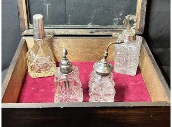 Lot Of 4 Vintage Perfume Bottles With Sterling Silver Tops And Wood Display Box With Glass Top