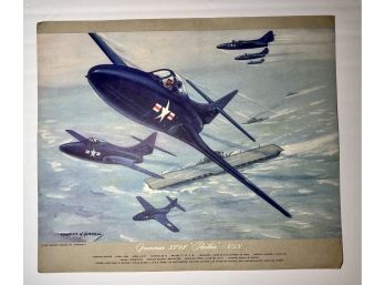 1950 Charles H Hubblle Lithograph Grumman XF9F 'panther' US Navy Military Plane Measures 15.5' X 13'