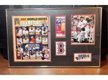 2007 Boston Red Sox World Series Framed Pictures / Ticket / Patch  Josh Beckett Autographed Photo 32in X 20in