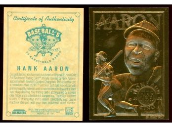 1996 Bleachers Hank Aaron 23KT Gold Card With COA! Atlanta Braves HOF