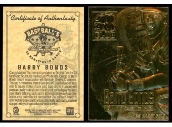 1997 Bleachers Barry Bonds 23KT Gold Card With COA! Pittsburgh Pirates LEGEND