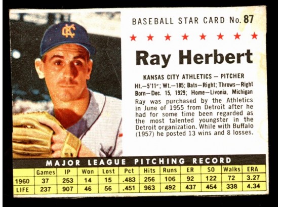 1961 Post Cereal Baseball Ray Herbert #87 Kansas City Athletics Vintage