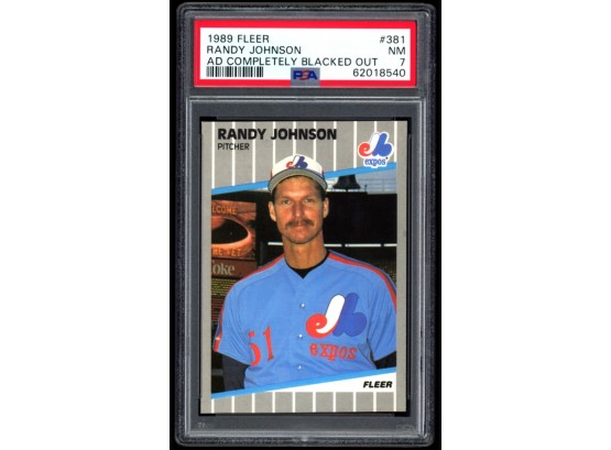1989 Fleer Baseball Randy Johnson Ad Completely Blacked Out Rookie Card PSA 7 #381 Montreal Expos RC HOF