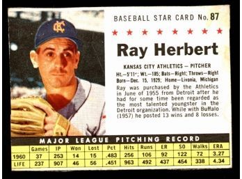 1961 Post Cereal Baseball Ray Herbert #87 Kansas City Athletics Vintage