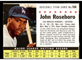 1961 Post Cereal Baseball John Roseboro #166 Los Angeles Dodgers Vintage