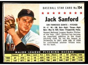 1961 Post Cereal Baseball Jack Sanford #154 San Francisco Giants Vintage