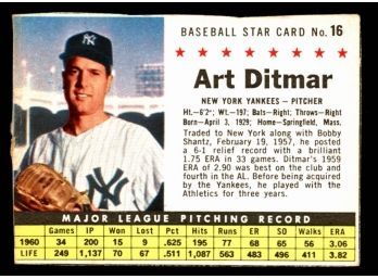 1961 Post Cereal Baseball Art Ditmar #16 New York Yankees Vintage