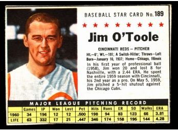 1961 Post Cereal Baseball Jim O'Toole #189 Cincinnati Reds Vintage