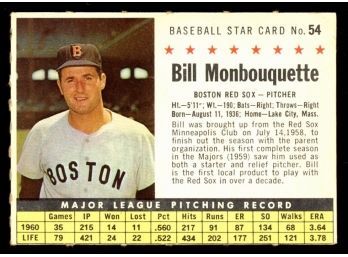 1961 Post Cereal Baseball Bill Monbouquette #54 Boston Red Sox Vintage