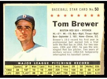 1961 Post Cereal Baseball Tom Brewer #50 Boston Red Sox Vintage