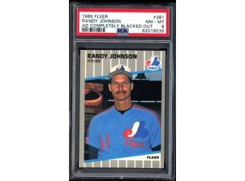 1989 Fleer Baseball Randy Johnson Ad Completely Blacked Out Rookie Card #381 PSA 8 Montreal Expos RC HOF