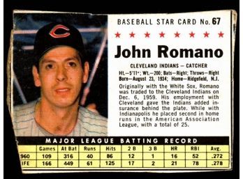 1961 Post Cereal Baseball John Romano #67 Cleveland Indians Vintage