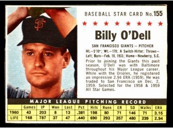 1961 Post Cereal Baseball Billy O'Dell #155 San Francisco Giants Vintage