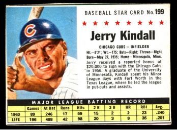 1961 Post Cereal Baseball Jerry Kindall #199 Chicago Cubs Vintage