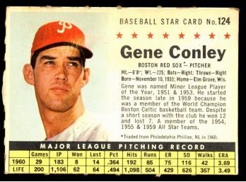 1961 Post Cereal Baseball Gene Conley #124 Boston Red Sox Vintage