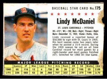 1961 Post Cereal Baseball Lindy McDaniel #175 St Louis Cardinals Vintage
