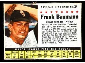 1961 Post Cereal Baseball Frank Baumann #34 Chicago White Sox Vintage