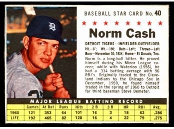 1961 Post Cereal Baseball Norm Cash #40 Detroit Tigers Vintage