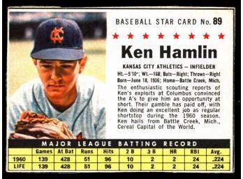 1961 Post Cereal Baseball Ken Hamlin #89 Kansas City Athletics Vintage