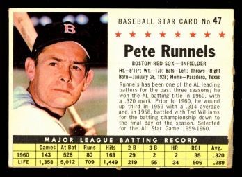 1961 Post Cereal Baseball Pete Runnels #47 Boston Red Sox Vintage